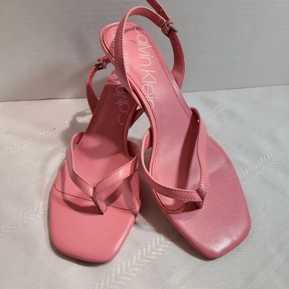 Calvin Klein Pink Leather Slingback Square Toe Thong Kitten Heels Sz 7.5